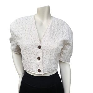 Suttles & Seawinds Lace Cropped Jacket Puff Sleeve Cottagecore Coquette White S